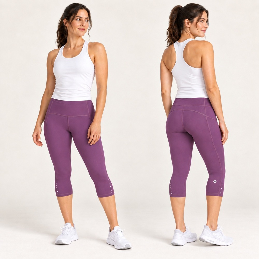 Lululemon Purple Reflective Running Crop Leggings Women Size 8 Pockets